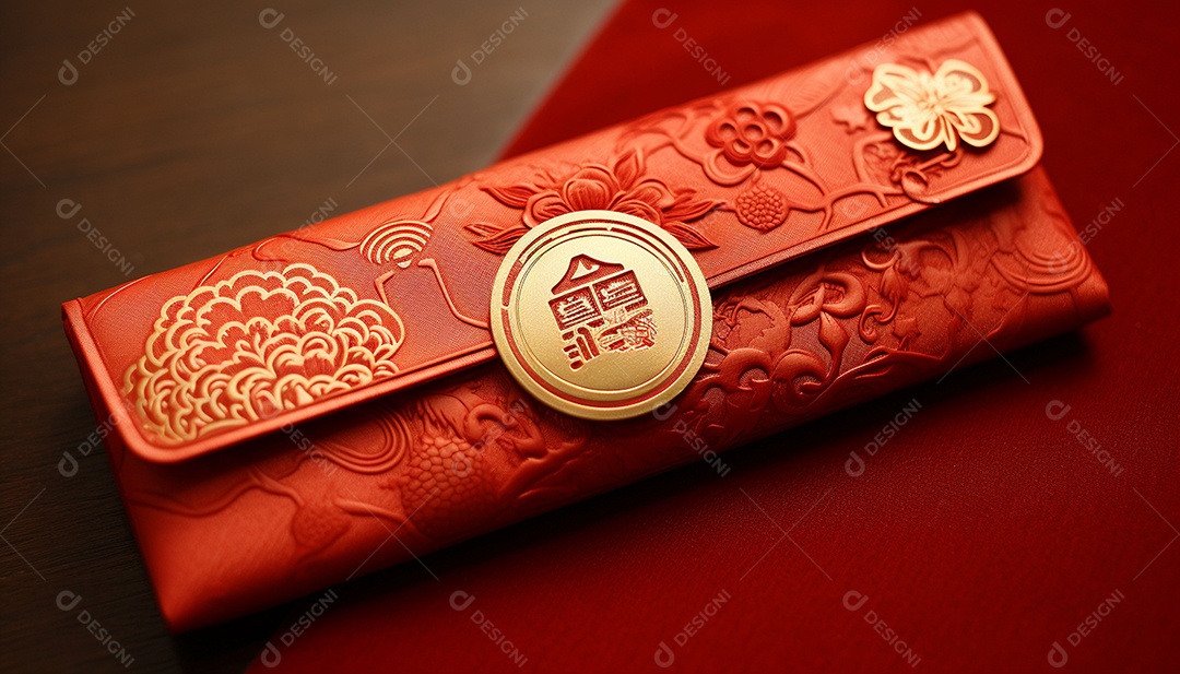 Ano Novo Chinês do conceito de festival de coelho. Tangerina, envelopes vermelhos, coelho e lingote de ouro decorado com flor de ameixa sobre fundo vermelho. O caractere chinês “cai” significa dinheiro.