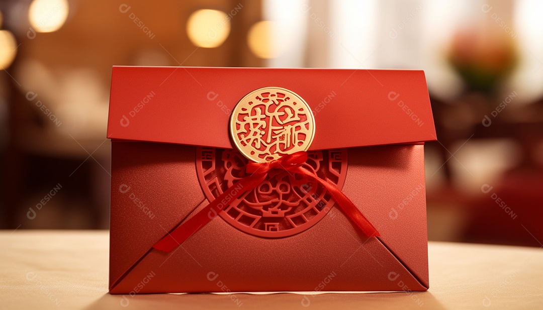 Ano Novo Chinês do conceito de festival de coelho. Tangerina, envelopes vermelhos, coelho e lingote de ouro decorado com flor de ameixa sobre fundo vermelho. O caractere chinês “cai” significa dinheiro.