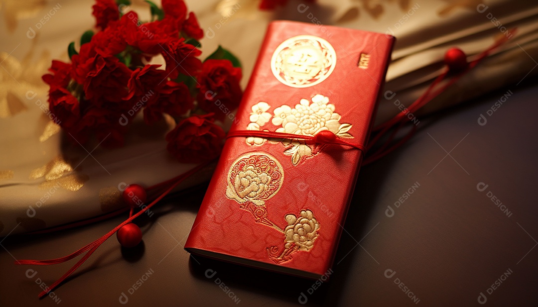 Ano Novo Chinês do conceito de festival de coelho. Tangerina, envelopes vermelhos, coelho e lingote de ouro decorado com flor de ameixa sobre fundo vermelho. O caractere chinês “cai” significa dinheiro.