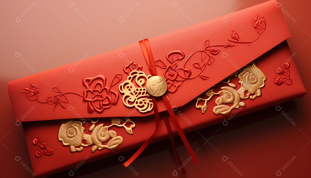 Ano Novo Chinês do conceito de festival de coelho. Tangerina, envelopes vermelhos, coelho e lingote de ouro decorado com flor de ameixa sobre fundo vermelho. O caractere chinês “cai” significa dinheiro.