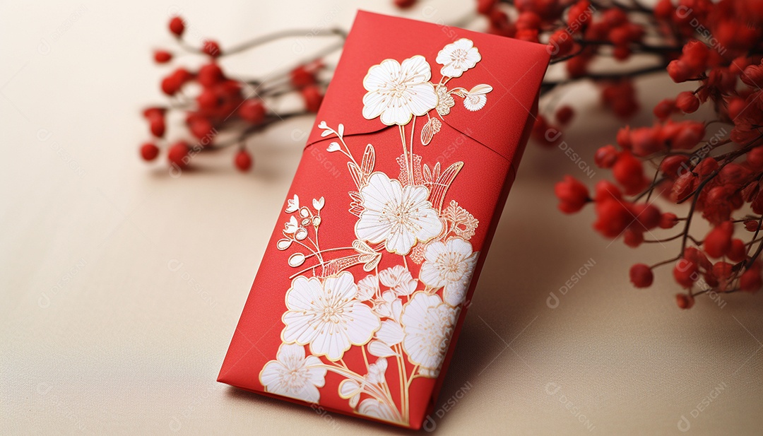 Ano Novo Chinês do conceito de festival de coelho. Tangerina, envelopes vermelhos, coelho e lingote de ouro decorado com flor de ameixa sobre fundo vermelho. O caractere chinês “cai” significa dinheiro.