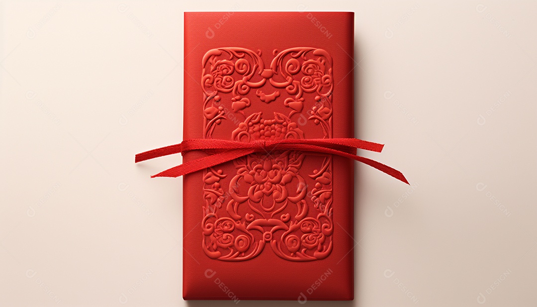 Ano Novo Chinês do conceito de festival de coelho. Tangerina, envelopes vermelhos, coelho e lingote de ouro decorado com flor de ameixa sobre fundo vermelho. O caractere chinês “cai” significa dinheiro.