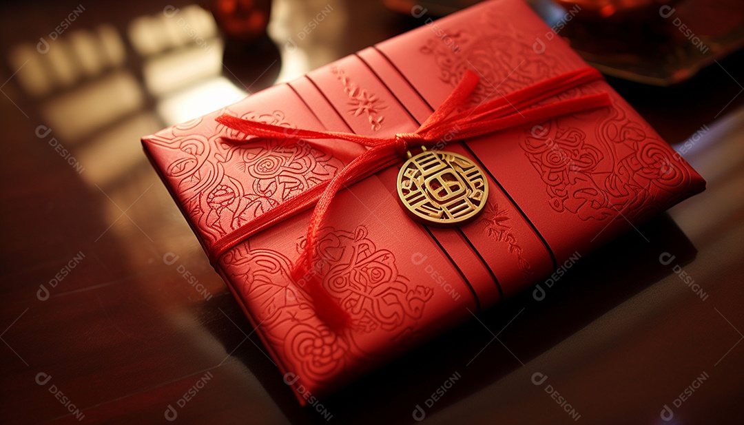 Ano Novo Chinês do conceito de festival de coelho. Tangerina, envelopes vermelhos, coelho e lingote de ouro decorado com flor de ameixa sobre fundo vermelho. O caractere chinês “cai” significa dinheiro.