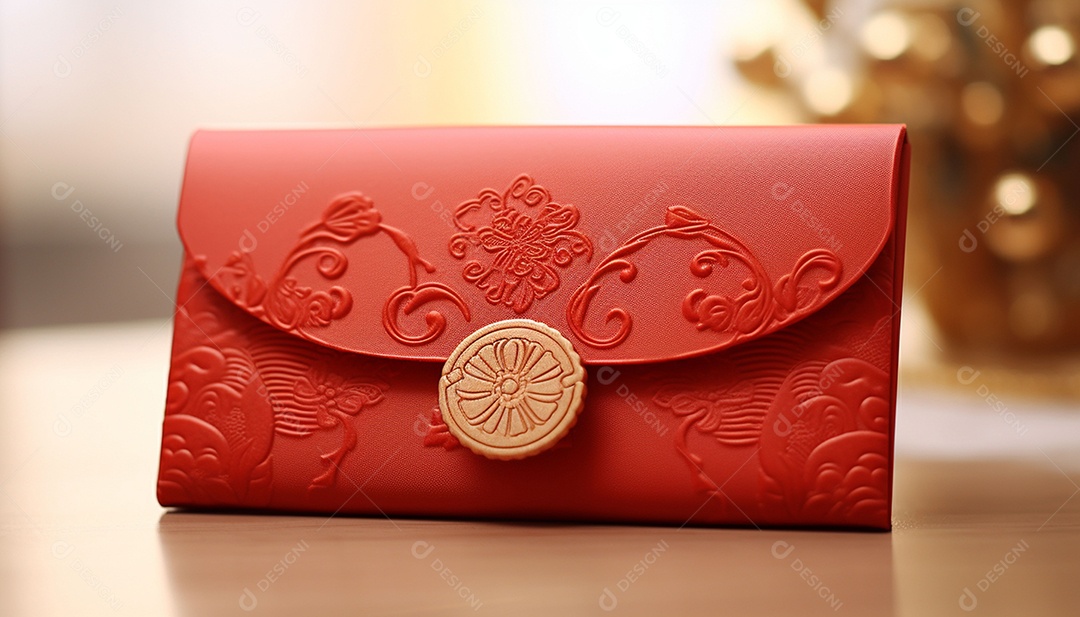 Ano Novo Chinês do conceito de festival de coelho. Tangerina, envelopes vermelhos, coelho e lingote de ouro decorado com flor de ameixa sobre fundo vermelho. O caractere chinês “cai” significa dinheiro.