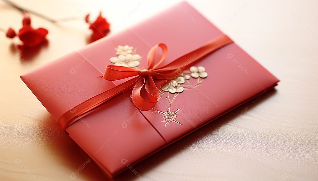 Ano Novo Chinês do conceito de festival de coelho. Tangerina, envelopes vermelhos, coelho e lingote de ouro decorado com flor de ameixa sobre fundo vermelho. O caractere chinês “cai” significa dinheiro.