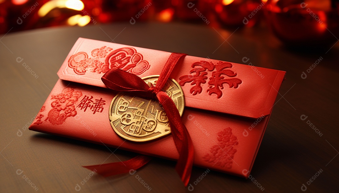 Ano Novo Chinês do conceito de festival de coelho. Tangerina, envelopes vermelhos, coelho e lingote de ouro decorado com flor de ameixa sobre fundo vermelho. O caractere chinês “cai” significa dinheiro.