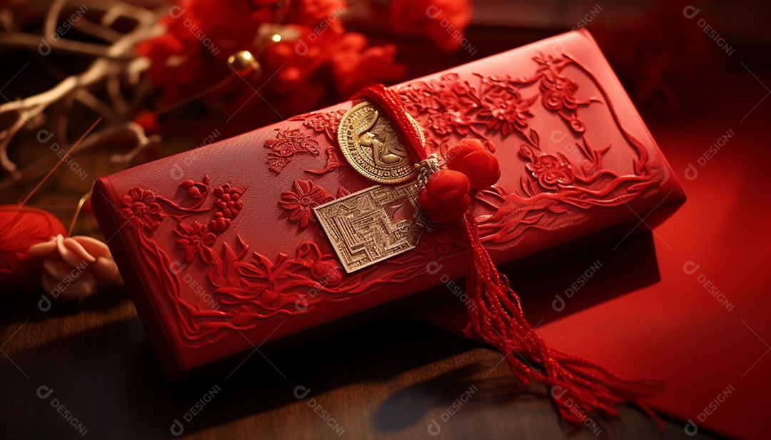 Ano Novo Chinês do conceito de festival de coelho. Tangerina, envelopes vermelhos, coelho e lingote de ouro decorado com flor de ameixa sobre fundo vermelho. O caractere chinês “cai” significa dinheiro.