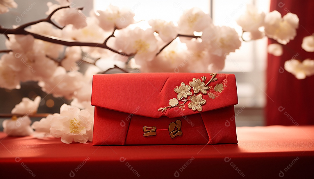 Ano Novo Chinês do conceito de festival de coelho. Tangerina, envelopes vermelhos, coelho e lingote de ouro decorado com flor de ameixa sobre fundo vermelho. O caractere chinês “cai” significa dinheiro.