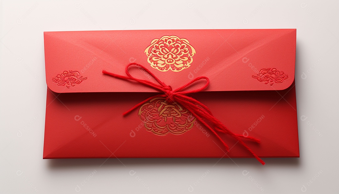 Ano Novo Chinês do conceito de festival de coelho. Tangerina, envelopes vermelhos, coelho e lingote de ouro decorado com flor de ameixa sobre fundo vermelho. O caractere chinês “cai” significa dinheiro.