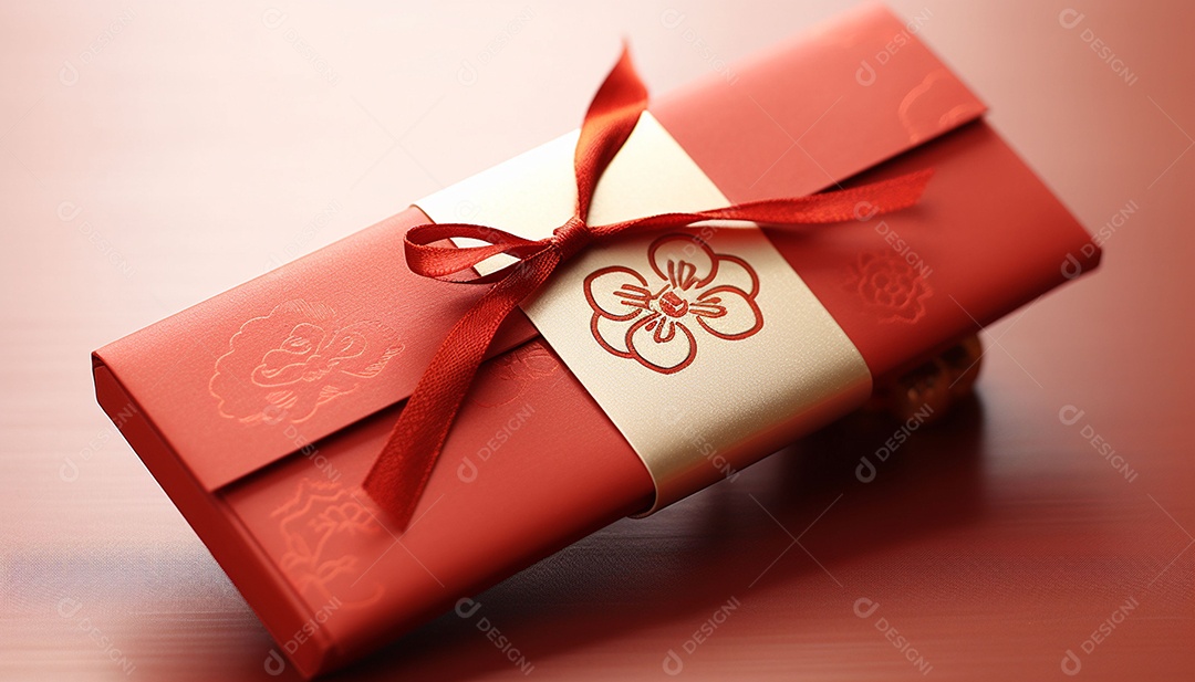 Ano Novo Chinês do conceito de festival de coelho. Tangerina, envelopes vermelhos, coelho e lingote de ouro decorado com flor de ameixa sobre fundo vermelho. O caractere chinês “cai” significa dinheiro.