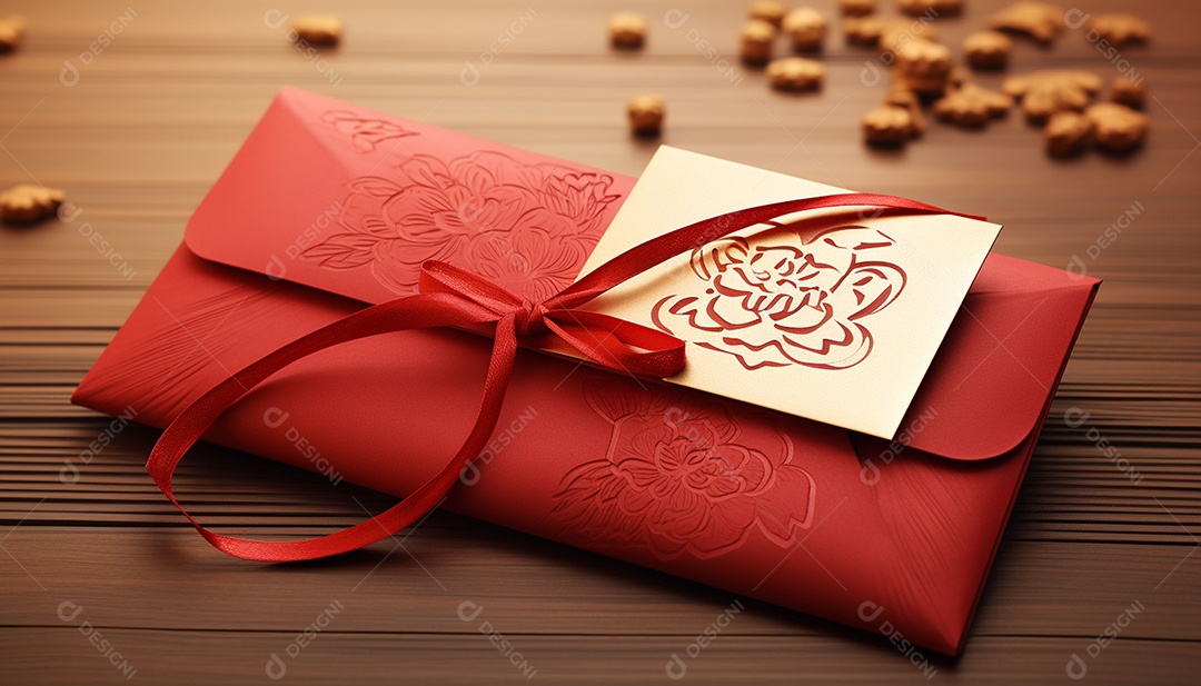 Ano Novo Chinês do conceito de festival de coelho. Tangerina, envelopes vermelhos, coelho e lingote de ouro decorado com flor de ameixa sobre fundo vermelho. O caractere chinês “cai” significa dinheiro.