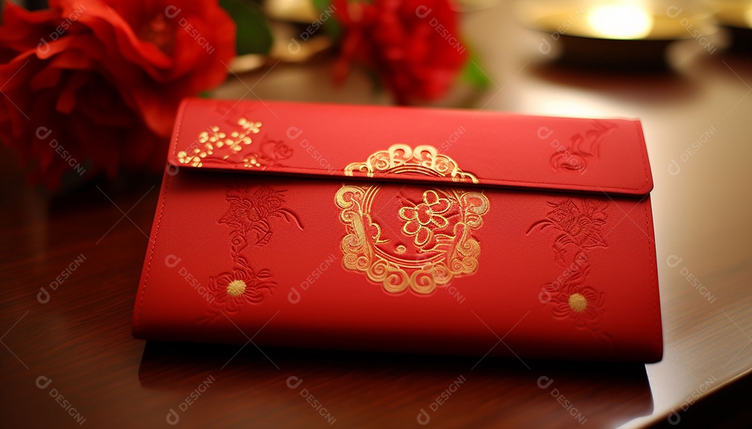 Ano Novo Chinês do conceito de festival de coelho. Tangerina, envelopes vermelhos, coelho e lingote de ouro decorado com flor de ameixa sobre fundo vermelho. O caractere chinês “cai” significa dinheiro.