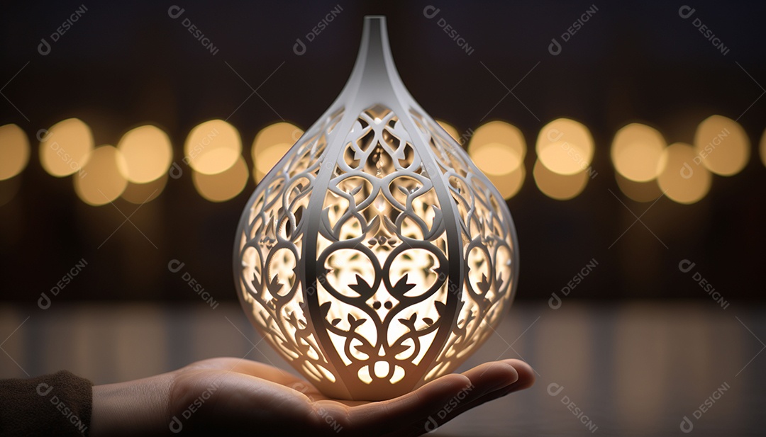 Poster de luzes do Ramadã várias lâmpadas brilhantes penduradas no teto em um fundo azul escuro e título ilustração vetorial Ramadan Kareem