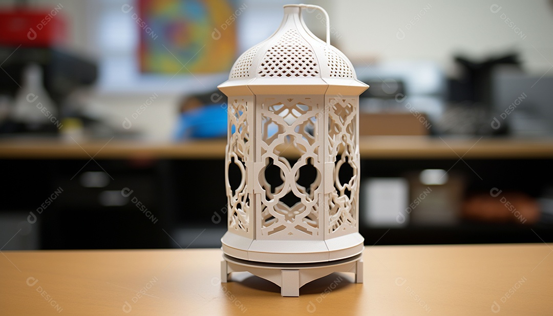 Poster de luzes do Ramadã várias lâmpadas brilhantes penduradas no teto em um fundo azul escuro e título ilustração vetorial Ramadan Kareem