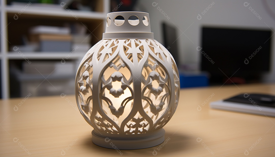 Poster de luzes do Ramadã várias lâmpadas brilhantes penduradas no teto em um fundo azul escuro e título ilustração vetorial Ramadan Kareem