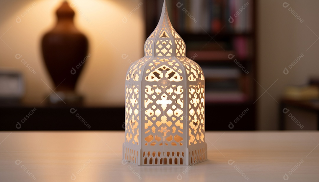 Poster de luzes do Ramadã várias lâmpadas brilhantes penduradas no teto em um fundo azul escuro e título ilustração vetorial Ramadan Kareem