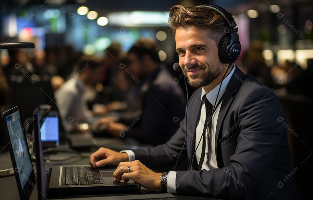 Representante de atendimento ao cliente masculino com terno, fone de ouvido na cabeça, computador, trabalhando, local de trabalho moderno, coworks em segundo plano