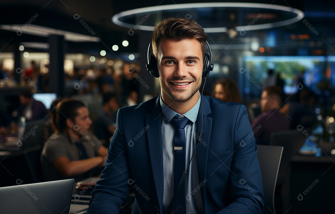 Representante de atendimento ao cliente masculino com terno, fone de ouvido na cabeça, computador, trabalhando, local de trabalho moderno, coworks em segundo plano