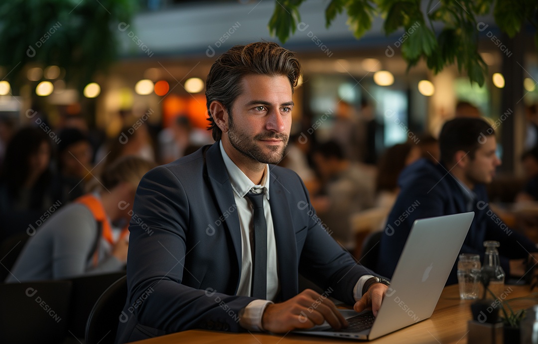 Representante de atendimento ao cliente masculino com terno, fone de ouvido na cabeça, computador, trabalhando, local de trabalho moderno, coworks em segundo plano