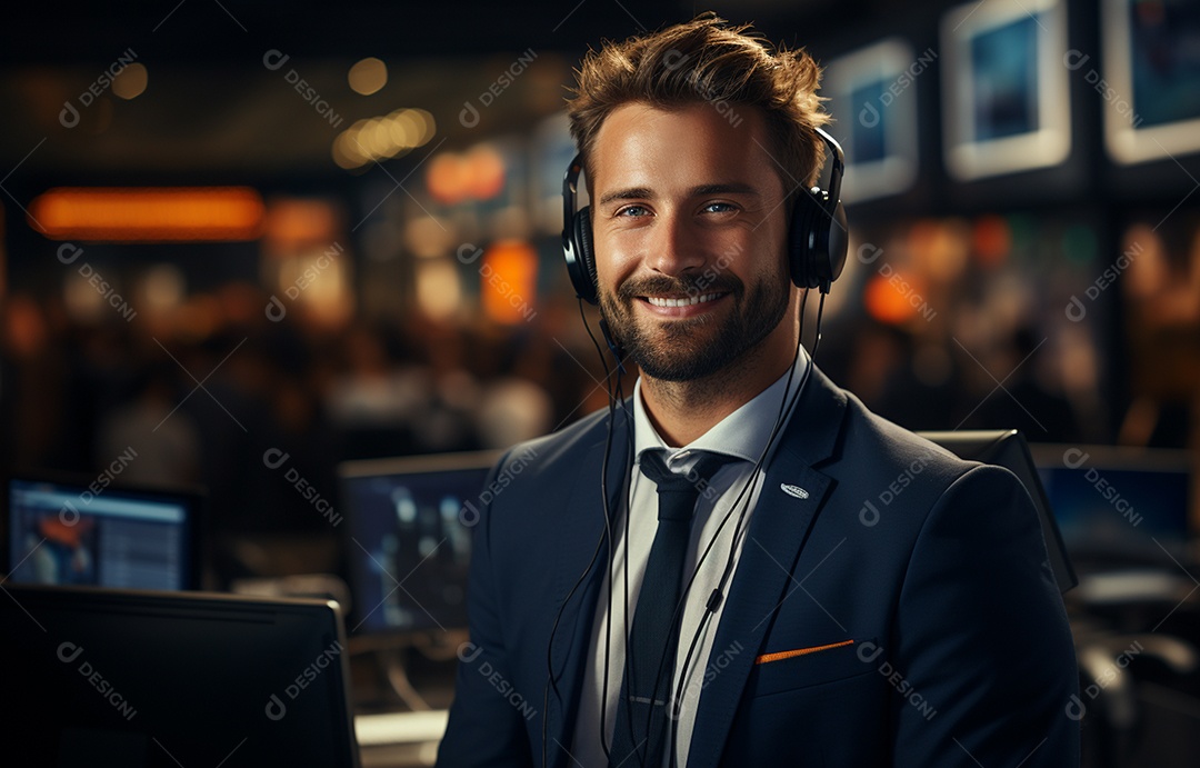 Representante de atendimento ao cliente masculino com terno, fone de ouvido na cabeça, computador, trabalhando, local de trabalho moderno, coworks em segundo plano