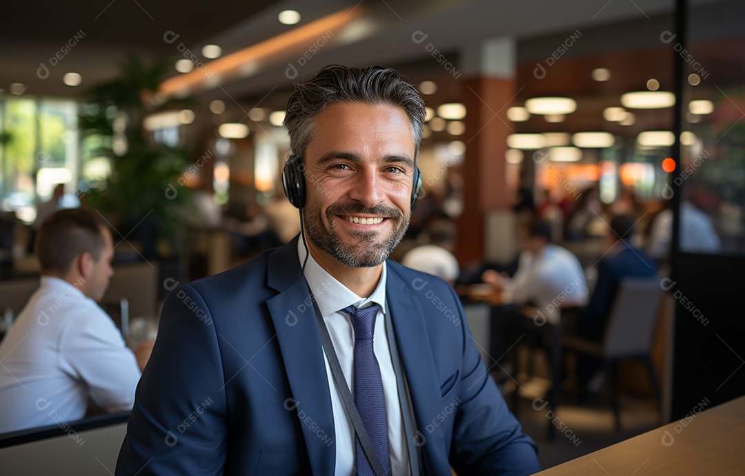 Representante de atendimento ao cliente masculino com terno, fone de ouvido na cabeça, computador, trabalhando, local de trabalho moderno, coworks em segundo plano