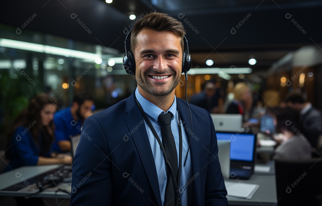 Representante de atendimento ao cliente masculino com terno, fone de ouvido na cabeça, computador, trabalhando, local de trabalho moderno, coworks em segundo plano