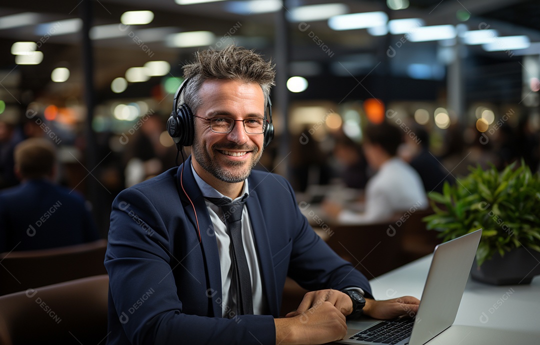 Representante de atendimento ao cliente masculino com terno, fone de ouvido na cabeça, computador, trabalhando, local de trabalho moderno, coworks em segundo plano