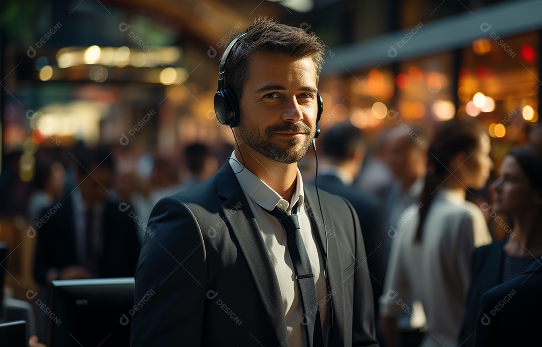 Representante de atendimento ao cliente masculino com terno, fone de ouvido na cabeça, computador, trabalhando, local de trabalho moderno, coworks em segundo plano