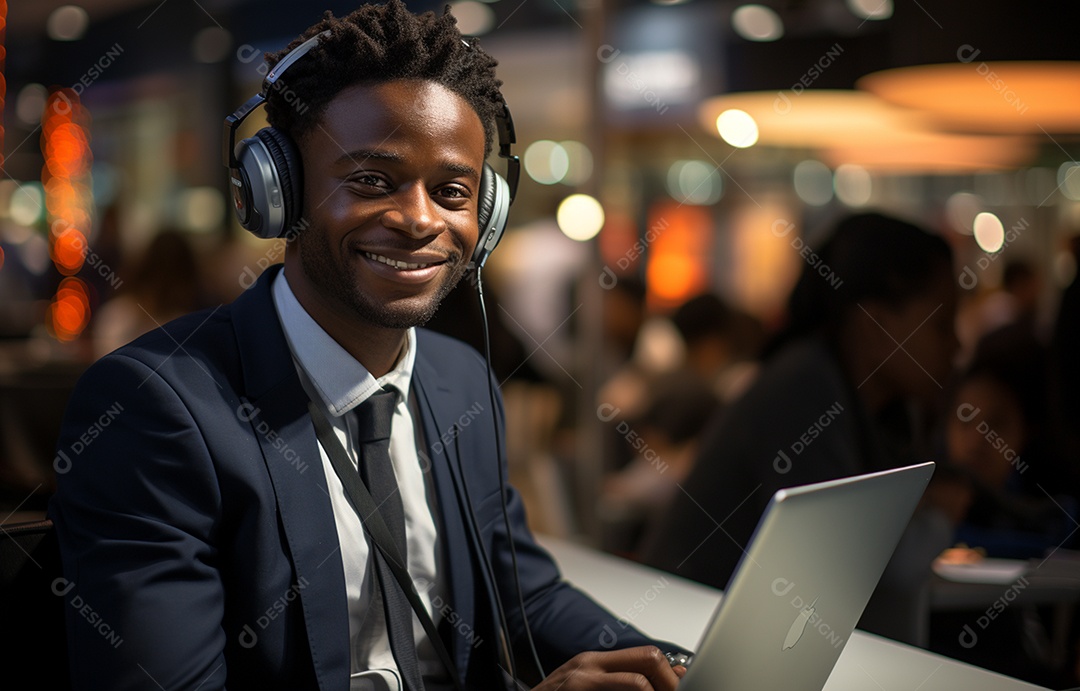 Representante de atendimento ao cliente masculino com terno, fone de ouvido na cabeça, computador, trabalhando, local de trabalho moderno, coworks em segundo plano