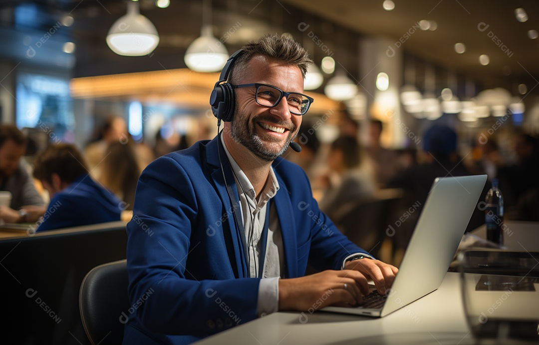 Representante de atendimento ao cliente masculino com terno, fone de ouvido na cabeça, computador, trabalhando, local de trabalho moderno, coworks em segundo plano