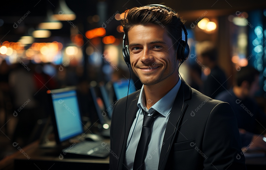 Representante de atendimento ao cliente masculino com terno, fone de ouvido na cabeça, computador, trabalhando, local de trabalho moderno, coworks em segundo plano