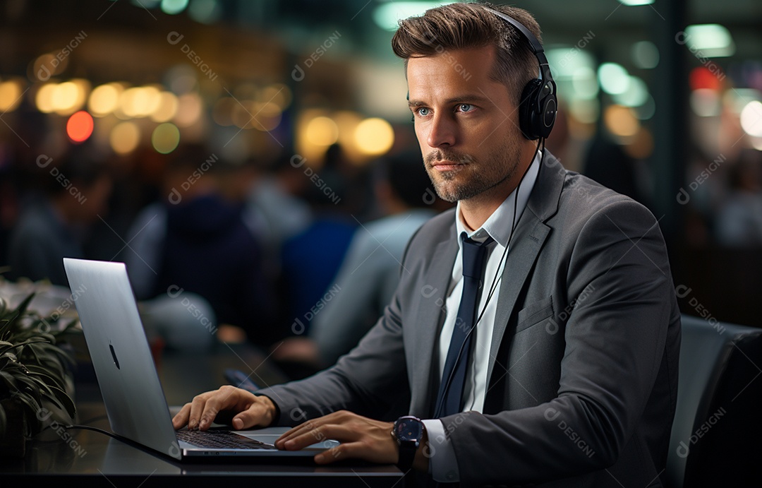 Representante de atendimento ao cliente masculino com terno, fone de ouvido na cabeça, computador, trabalhando, local de trabalho moderno, coworks em segundo plano