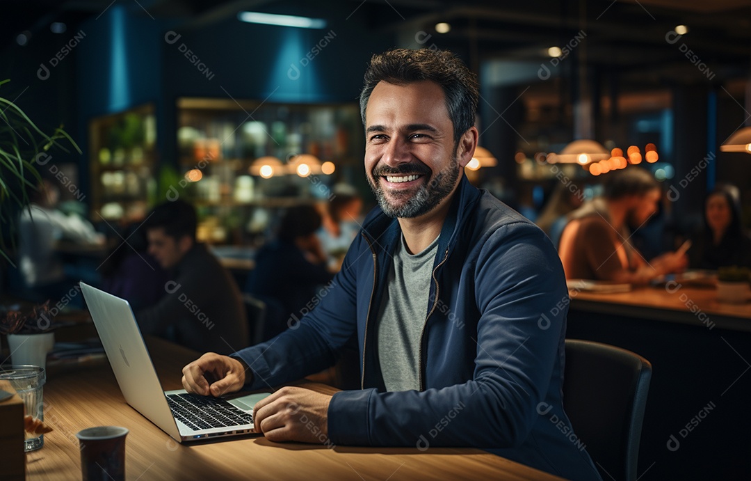 Representante de atendimento ao cliente masculino com terno, fone de ouvido na cabeça, computador, trabalhando, local de trabalho moderno, coworks em segundo plano