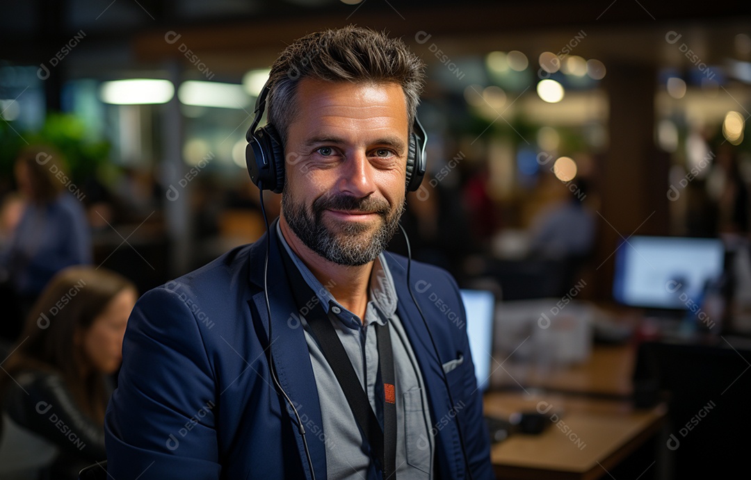 Representante de atendimento ao cliente masculino com terno, fone de ouvido na cabeça, computador, trabalhando, local de trabalho moderno, coworks em segundo plano