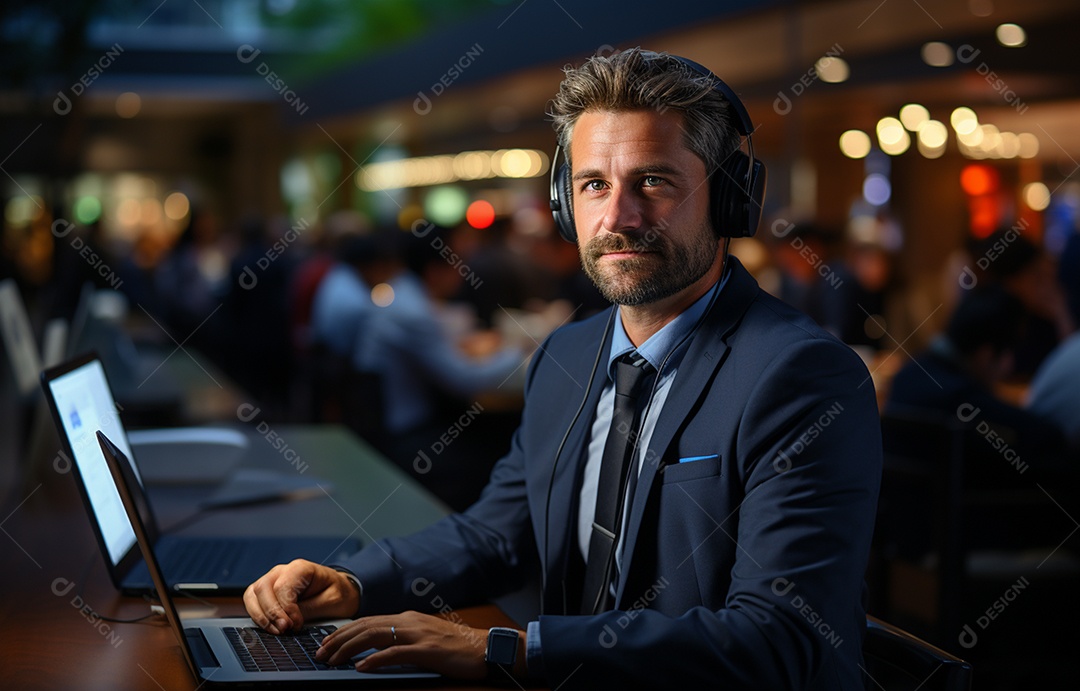 Representante de atendimento ao cliente masculino com terno, fone de ouvido na cabeça, computador, trabalhando, local de trabalho moderno, coworks em segundo plano