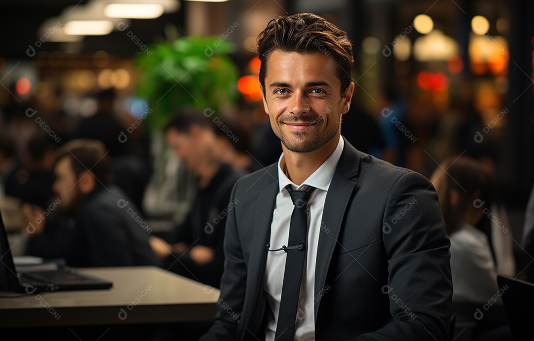 Representante de atendimento ao cliente masculino com terno, fone de ouvido na cabeça, computador, trabalhando, local de trabalho moderno, coworks em segundo plano