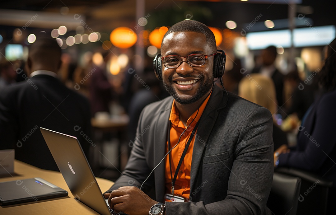 Representante de atendimento ao cliente masculino com terno, fone de ouvido na cabeça, computador, trabalhando, local de trabalho moderno, coworks em segundo plano