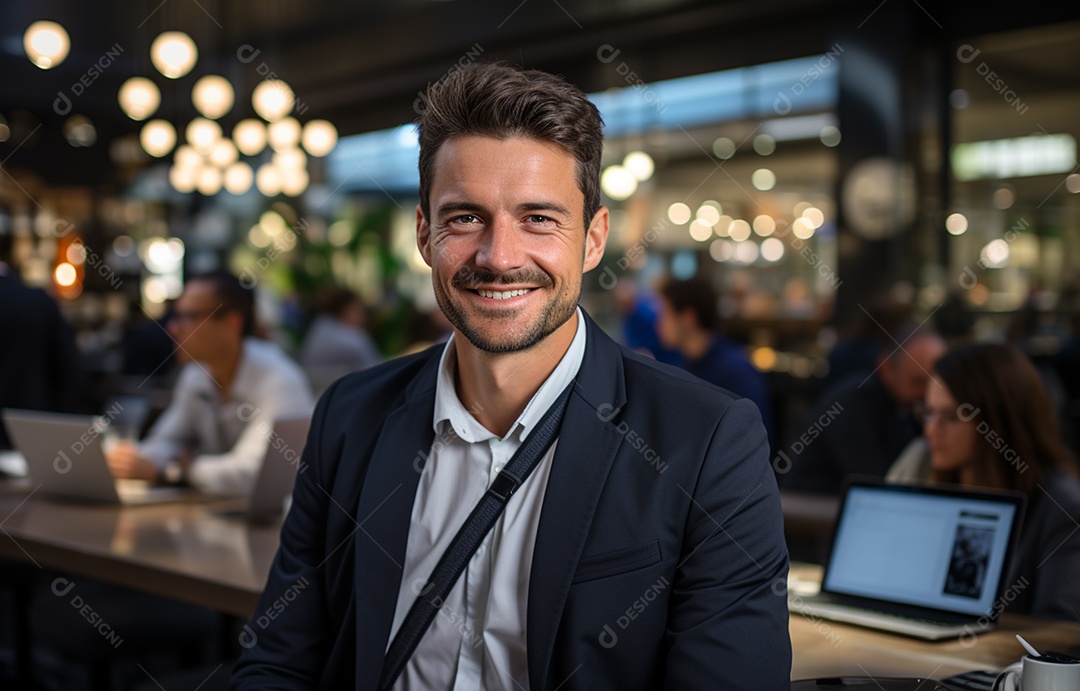 Representante de atendimento ao cliente masculino com terno, fone de ouvido na cabeça, computador, trabalhando, local de trabalho moderno, coworks em segundo plano