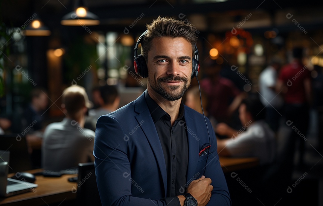 Representante de atendimento ao cliente masculino com terno, fone de ouvido na cabeça, computador, trabalhando, local de trabalho moderno, coworks em segundo plano