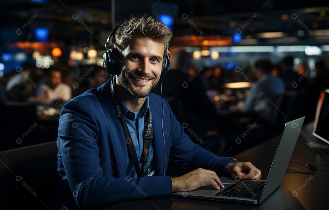 Representante de atendimento ao cliente masculino com terno, fone de ouvido na cabeça, computador, trabalhando, local de trabalho moderno, coworks em segundo plano