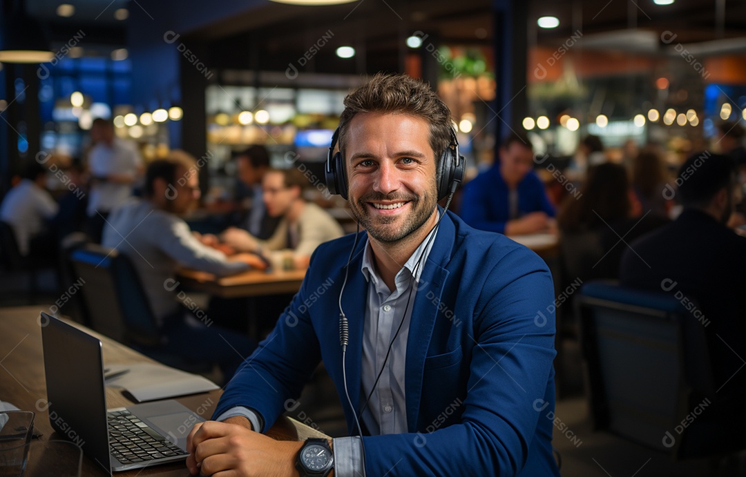 Representante de atendimento ao cliente masculino com terno, fone de ouvido na cabeça, computador, trabalhando, local de trabalho moderno, coworks em segundo plano