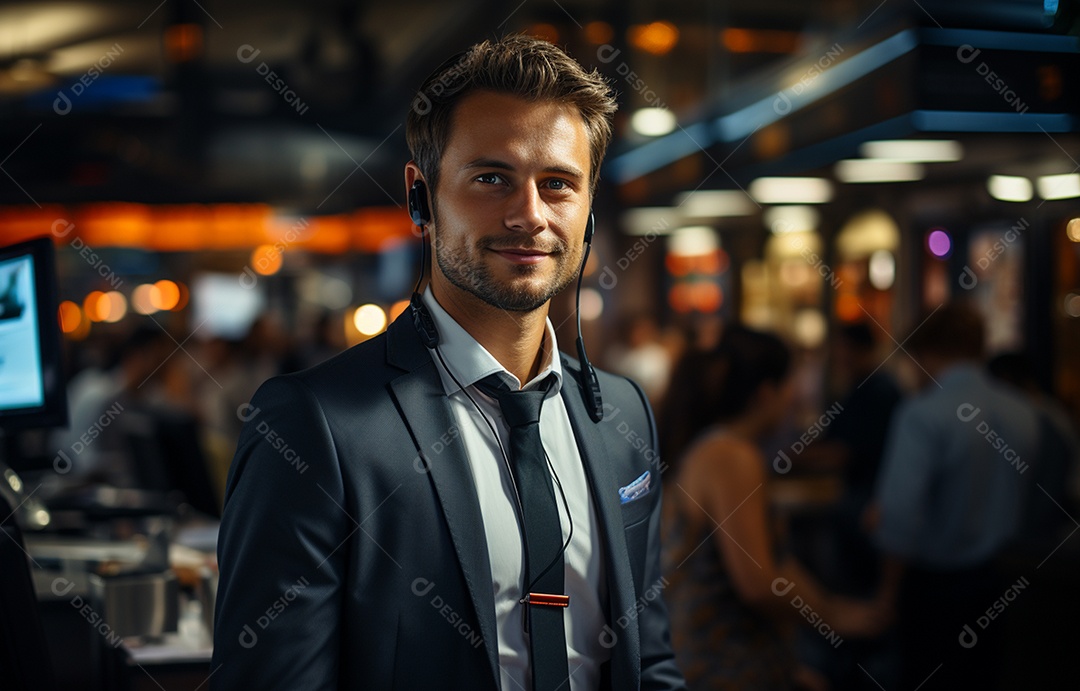 Representante de atendimento ao cliente masculino com terno, fone de ouvido na cabeça, computador, trabalhando, local de trabalho moderno, coworks em segundo plano