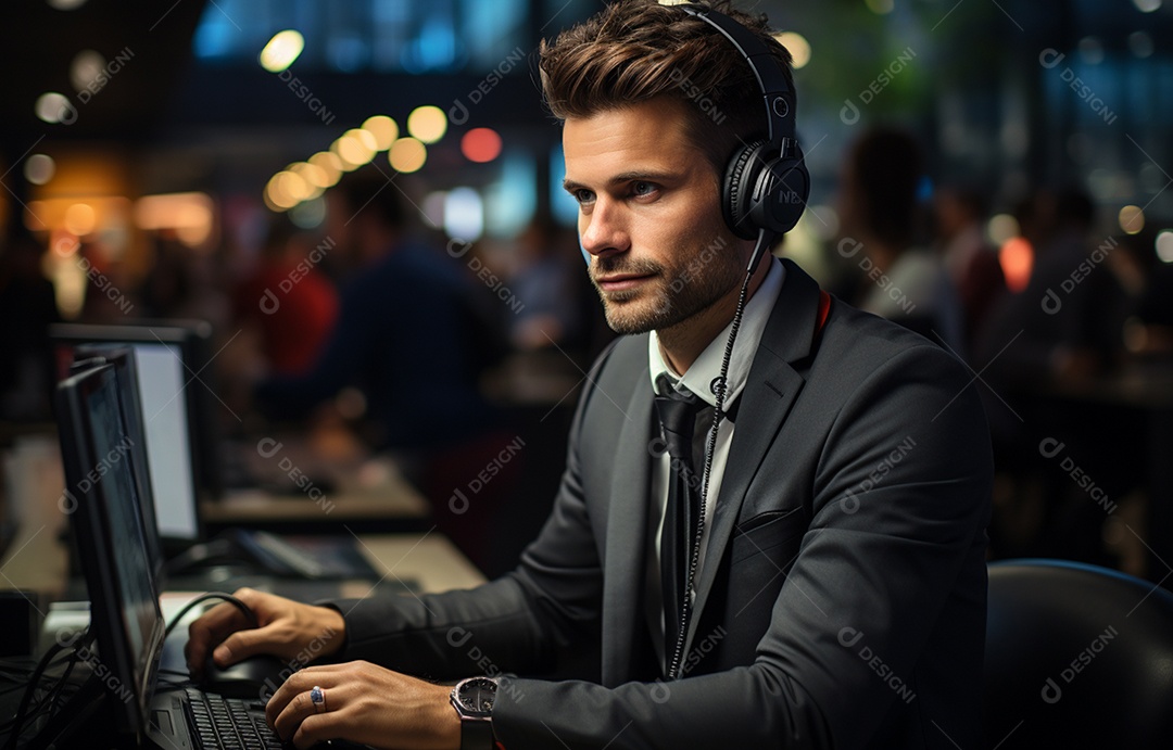 Representante de atendimento ao cliente masculino com terno, fone de ouvido na cabeça, computador, trabalhando, local de trabalho moderno, coworks em segundo plano