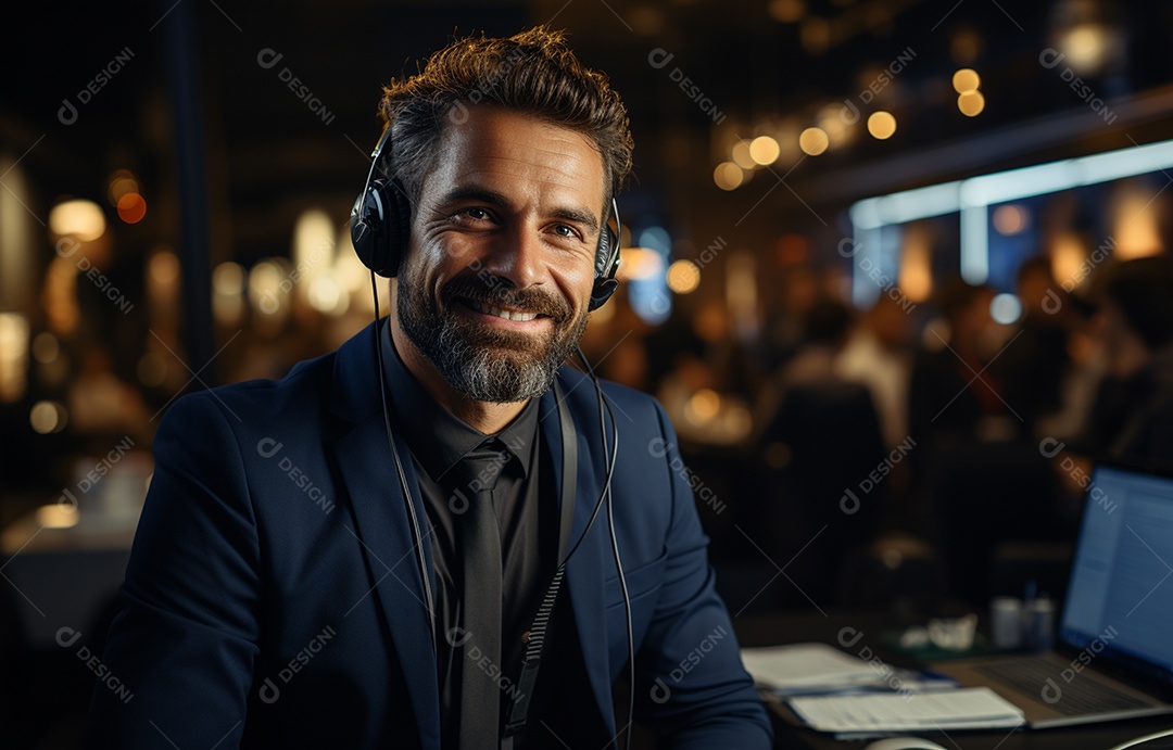 Representante de atendimento ao cliente masculino com terno, fone de ouvido na cabeça, computador, trabalhando, local de trabalho moderno, coworks em segundo plano
