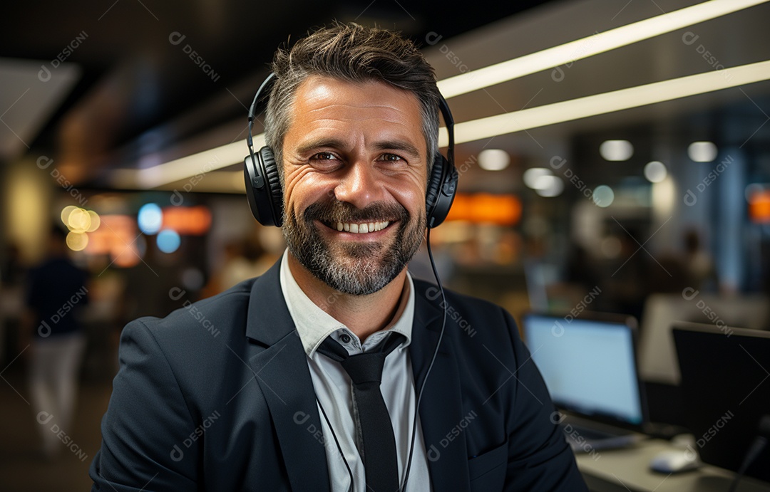 Representante de atendimento ao cliente masculino com terno, fone de ouvido na cabeça, computador, trabalhando, local de trabalho moderno, coworks em segundo plano