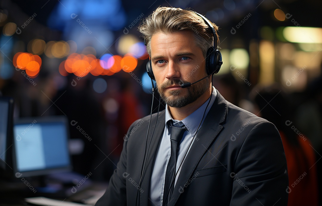 Representante de atendimento ao cliente masculino com terno, fone de ouvido na cabeça, computador, trabalhando, local de trabalho moderno, coworks em segundo plano