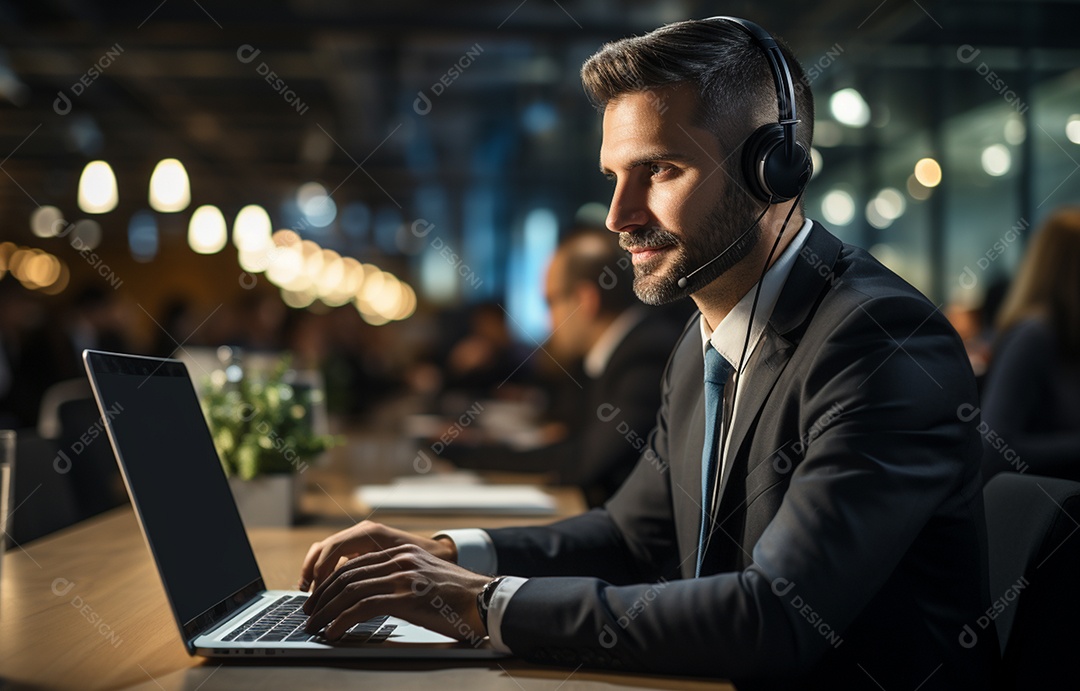 Representante de atendimento ao cliente masculino com terno, fone de ouvido na cabeça, computador, trabalhando, local de trabalho moderno, coworks em segundo plano