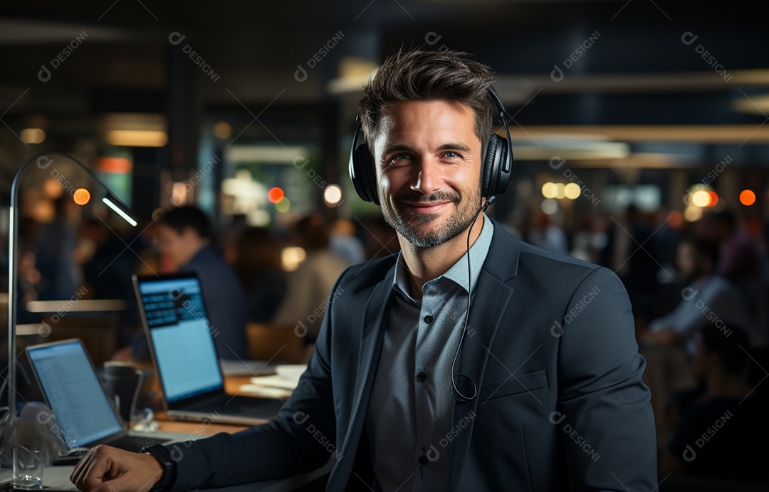Representante de atendimento ao cliente masculino com terno, fone de ouvido na cabeça, computador, trabalhando, local de trabalho moderno, coworks em segundo plano