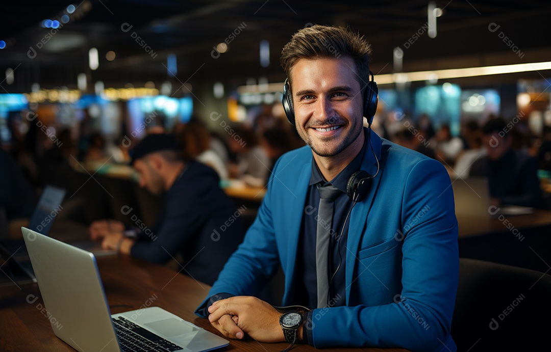 Representante de atendimento ao cliente masculino com terno, fone de ouvido na cabeça, computador, trabalhando, local de trabalho moderno, coworks em segundo plano