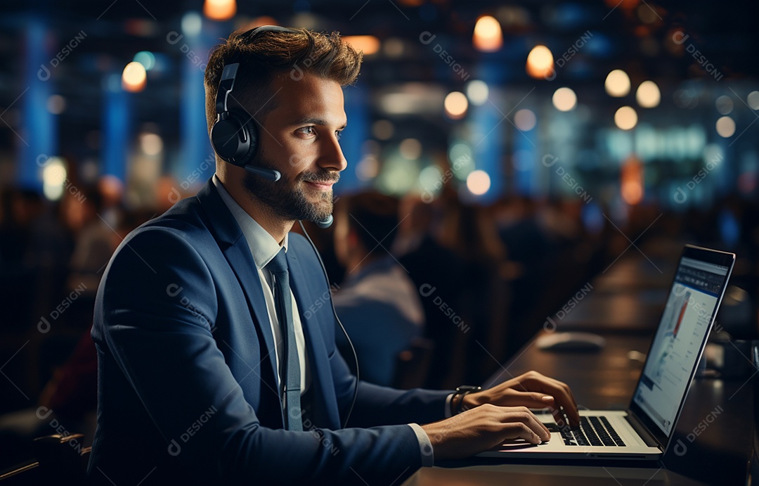 Representante de atendimento ao cliente masculino com terno, fone de ouvido na cabeça, computador, trabalhando, local de trabalho moderno, coworks em segundo plano
